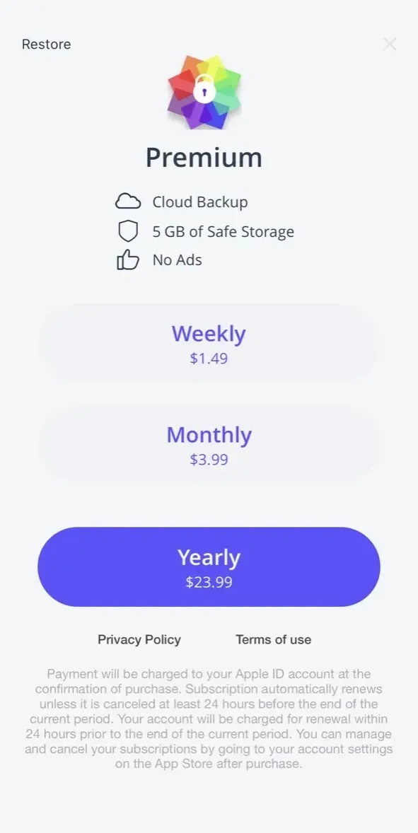 Pic Safe paywall screen