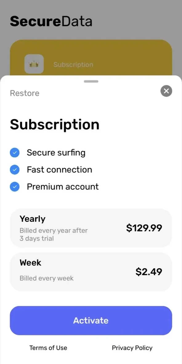 Secure Data paywall screen