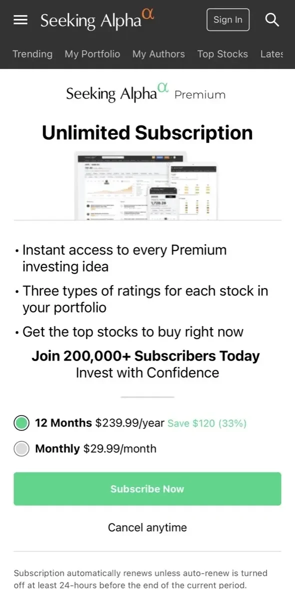 Seeking Alpha paywall screen