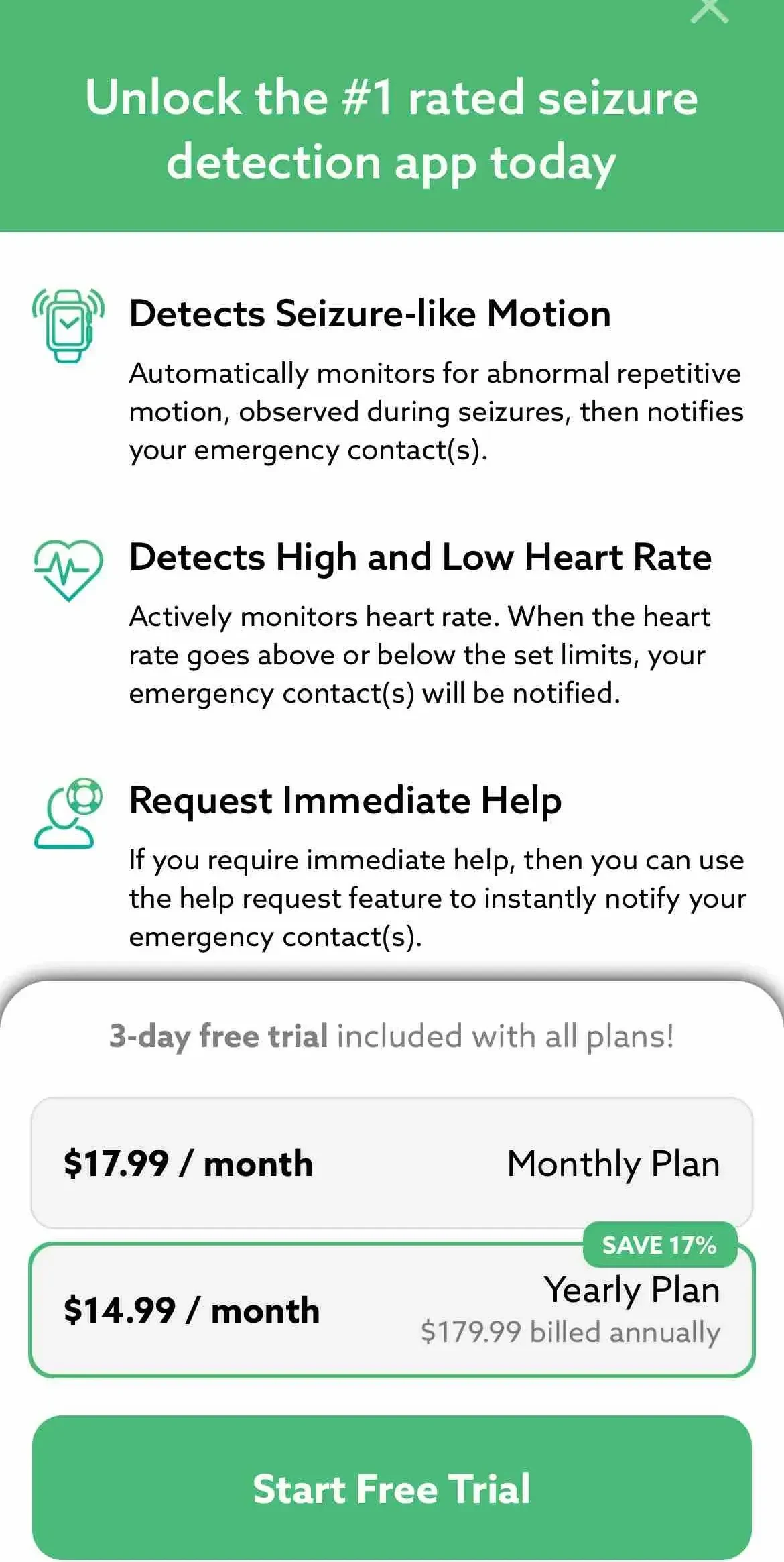 SeizAlarm paywall screen