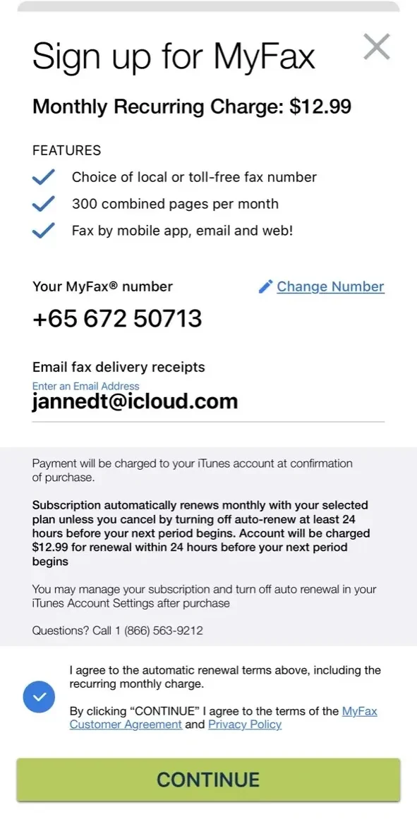 MyFax App–Send paywall screen