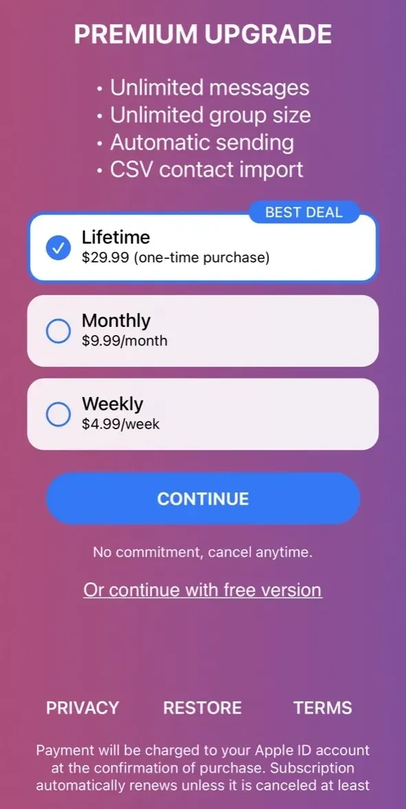 SendHype paywall screen