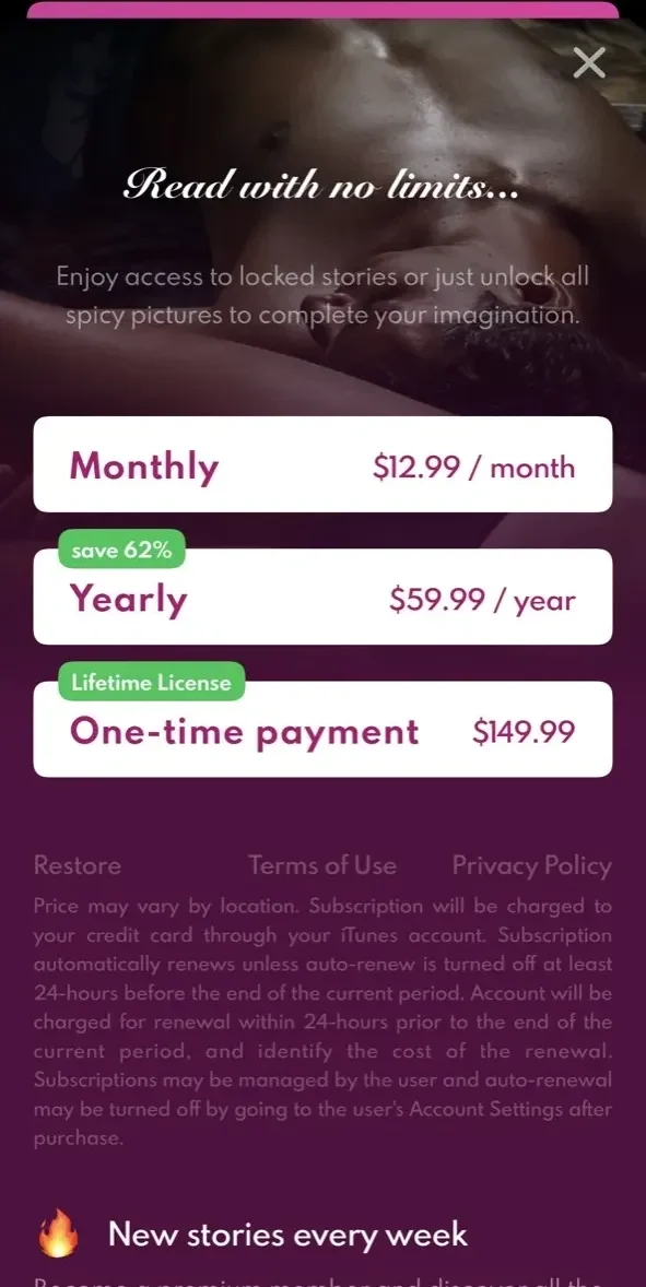 Sensual Stories paywall screen