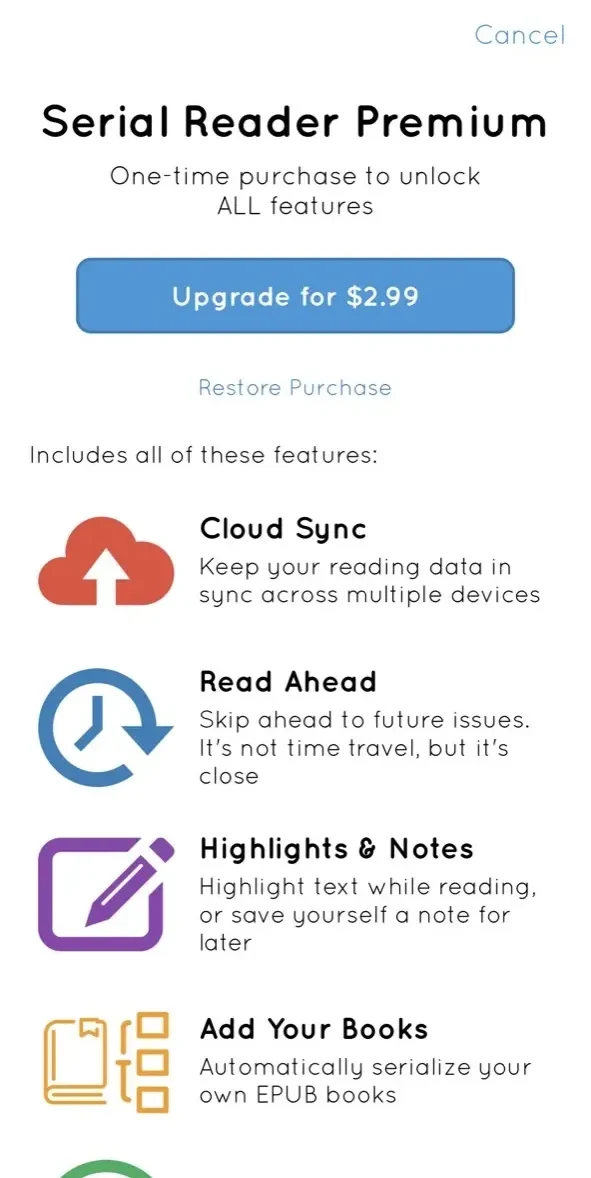 Serial Reader paywall screen
