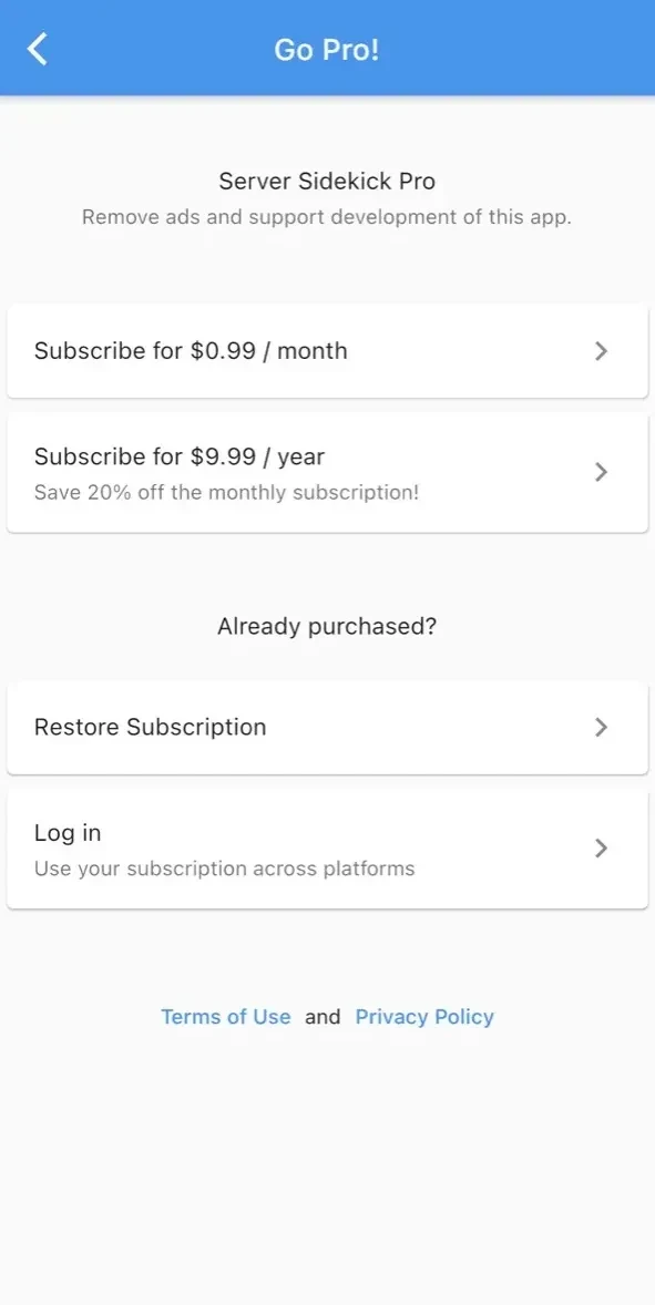 Server Sidekick paywall screen