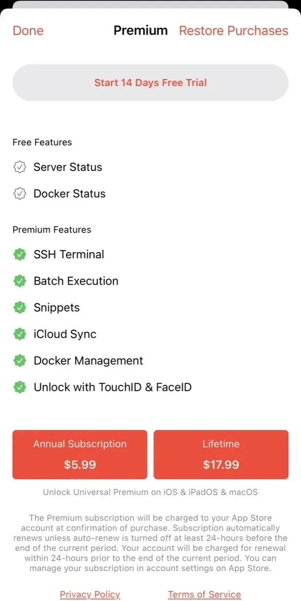 ServerCat paywall screen