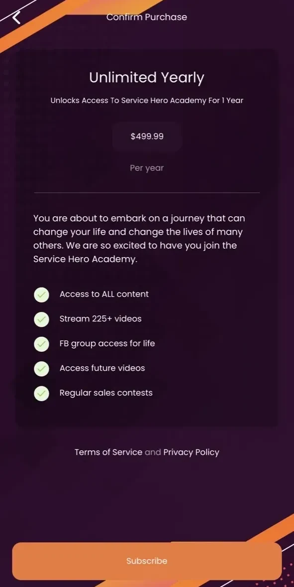 Service Hero Academy paywall screen
