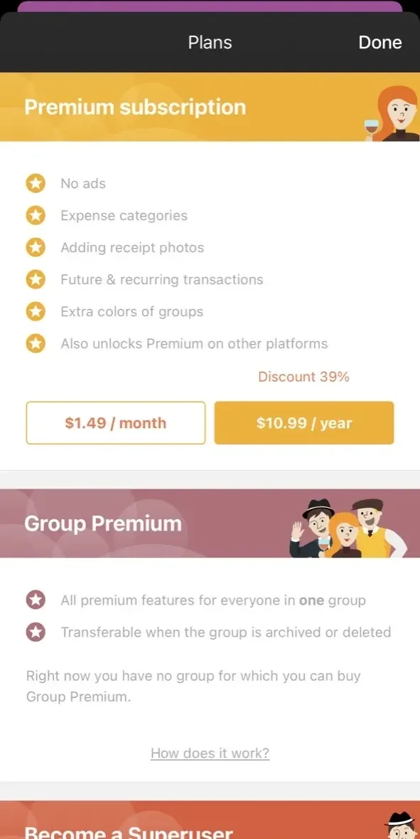 Settle Up paywall screen