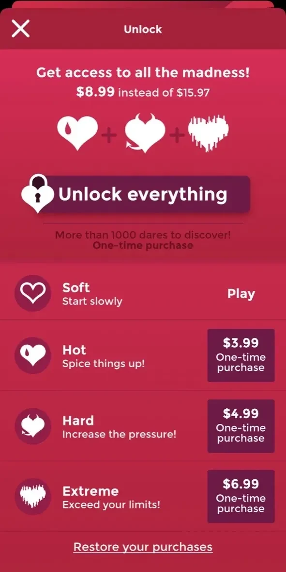 Sex Games for Couples paywall screen