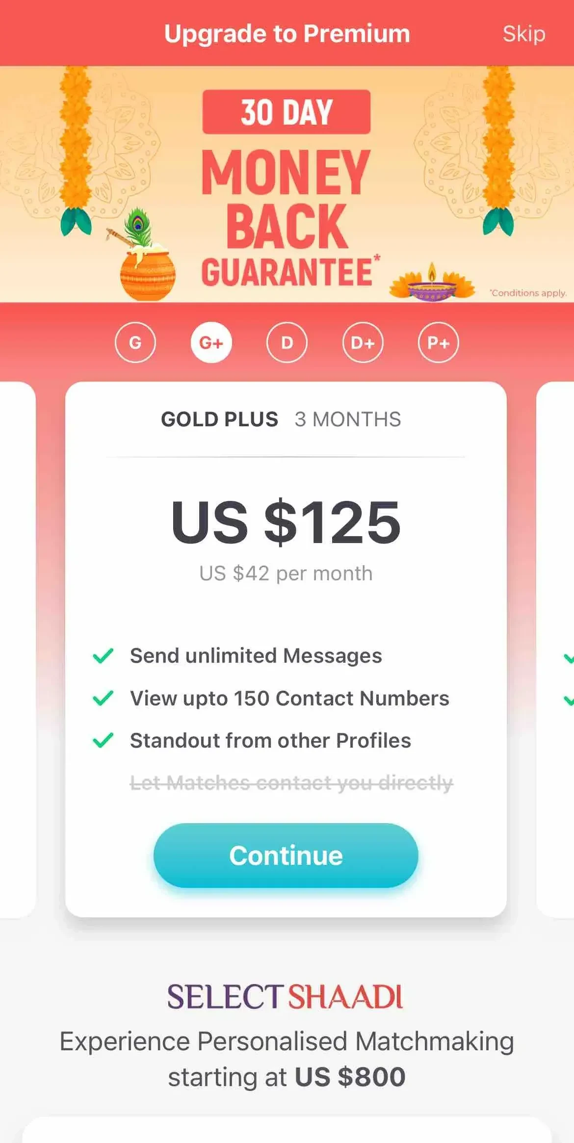 Shaadi paywall screen