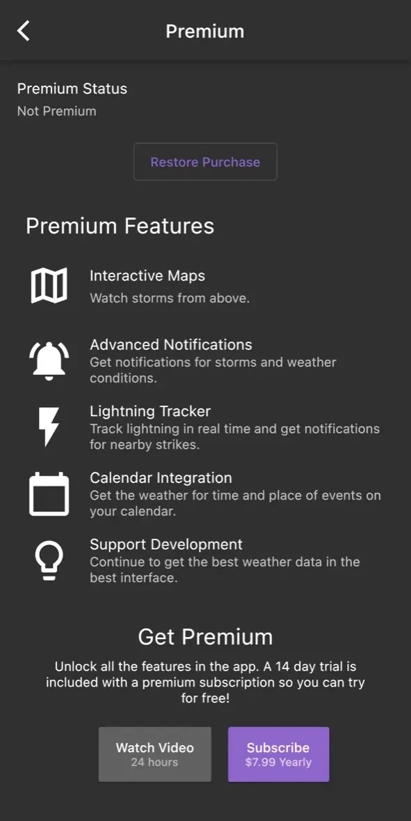 Shadow Weather paywall screen