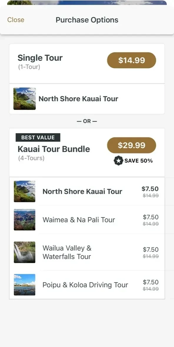 Shaka Kauai Audio Tour Guide paywall screen
