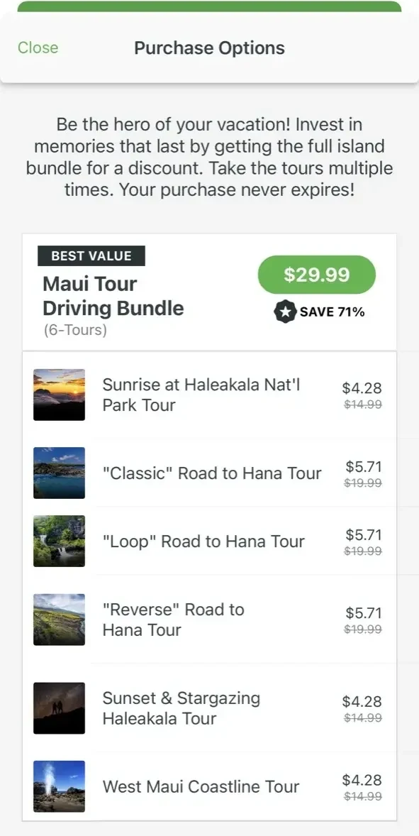 Shaka Maui Audio Tour Guide paywall screen