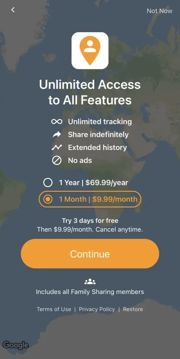 Share Location paywall screen