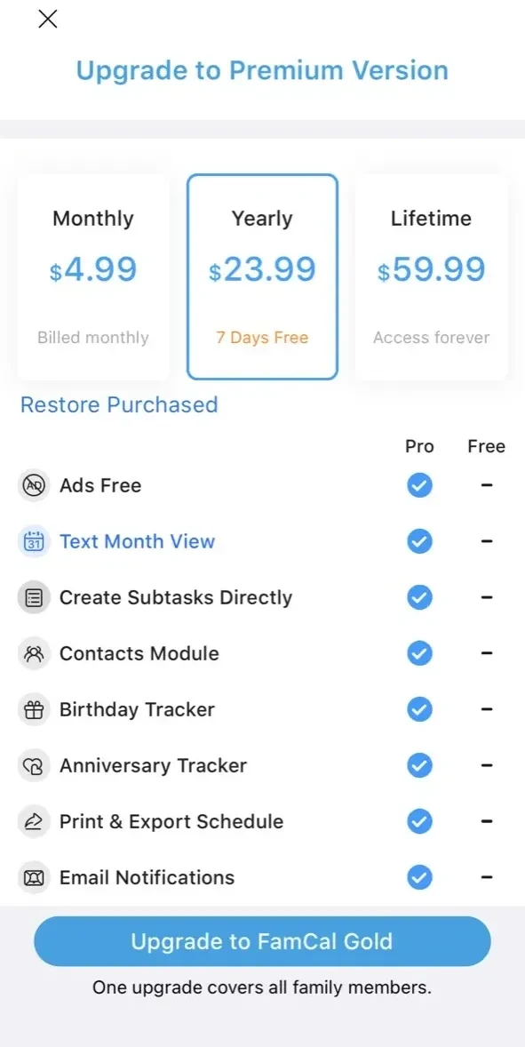 Shared Family Calendar paywall screen