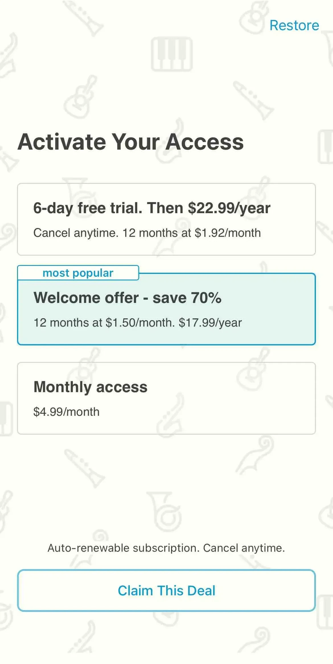 Sheet Music Scanner paywall screen