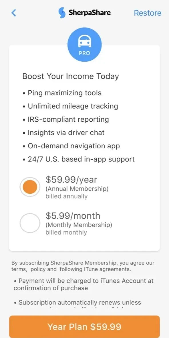 SherpaShare paywall screen