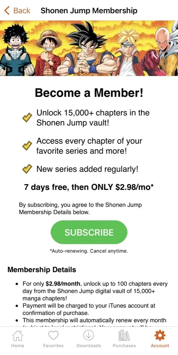 Shonen Jump Manga paywall screen