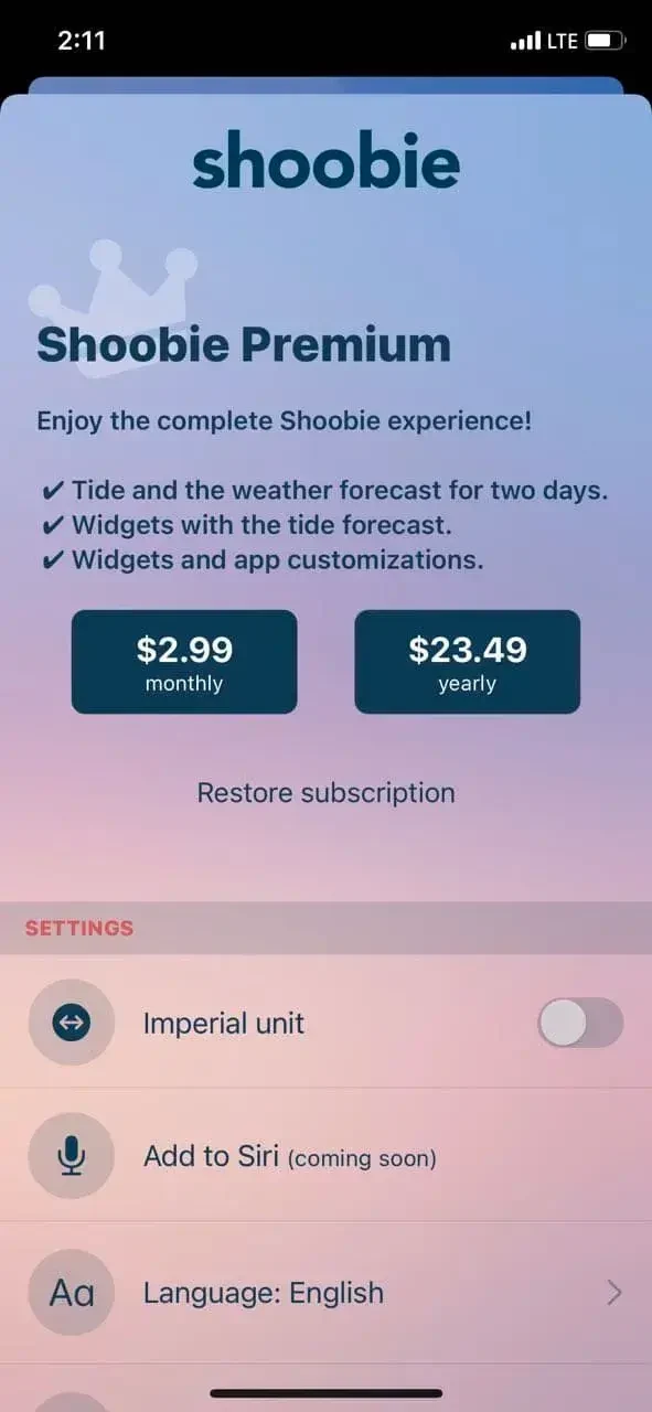 Shoobie³ Tide Table paywall screen