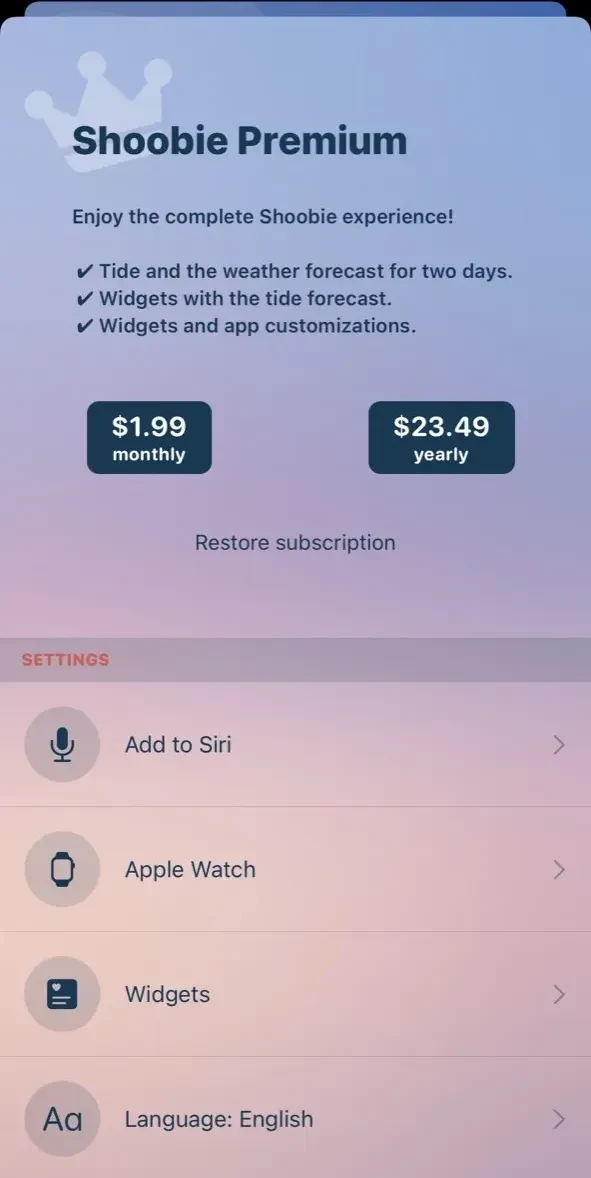 Shoobie³ Tide Table paywall screen