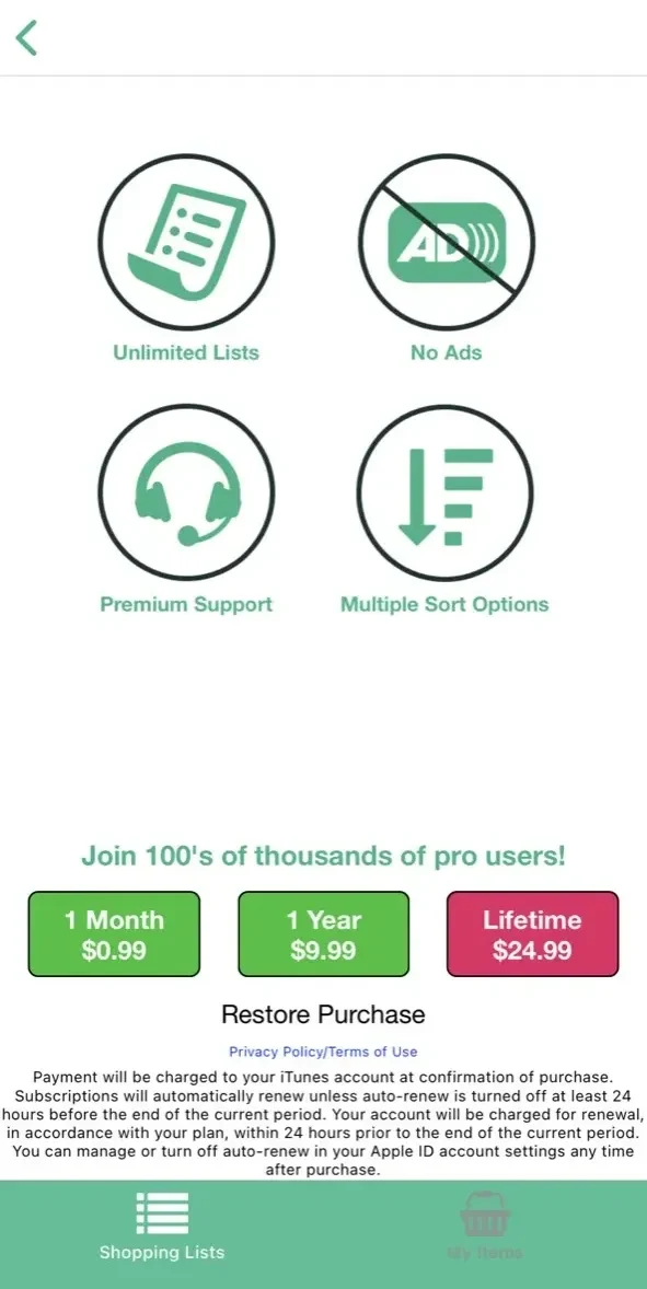 Shopping List paywall screen