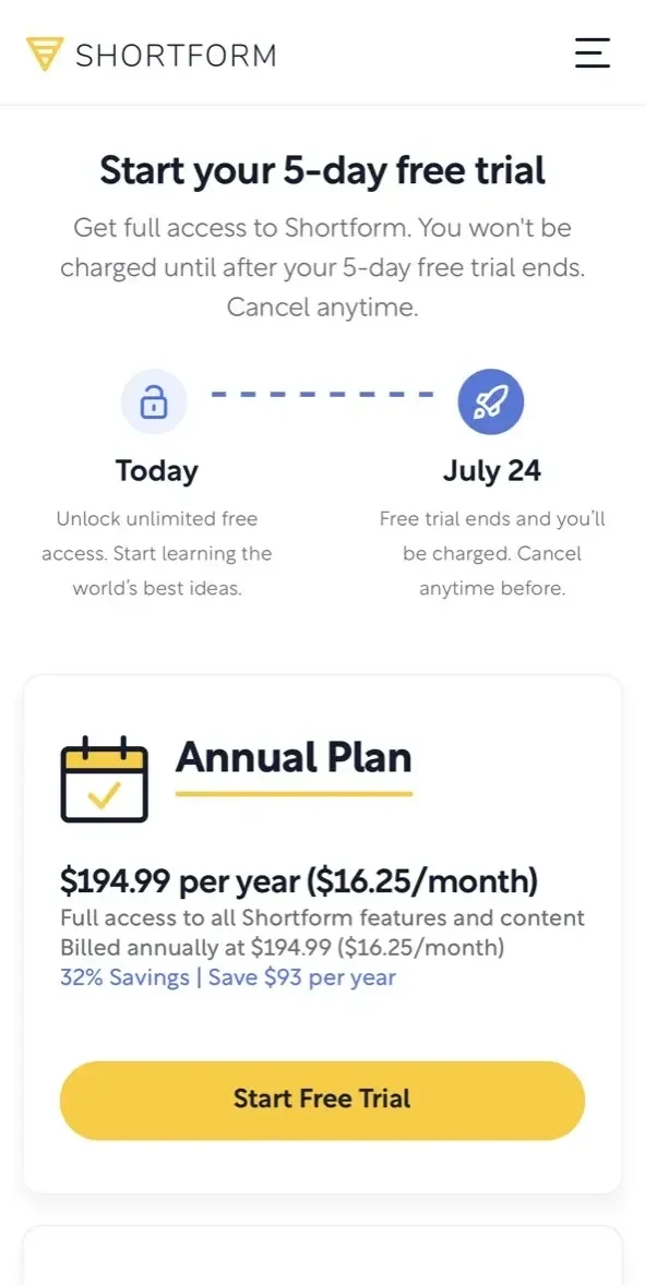 Shortform Daily Book Summaries paywall screen
