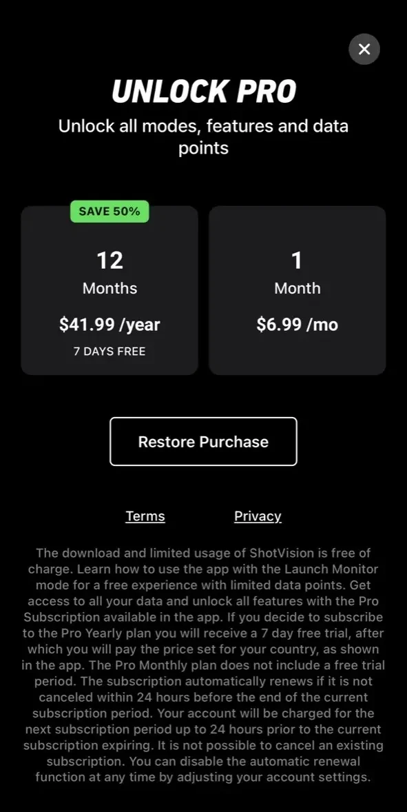 ShotVision Launch Monitor paywall screen