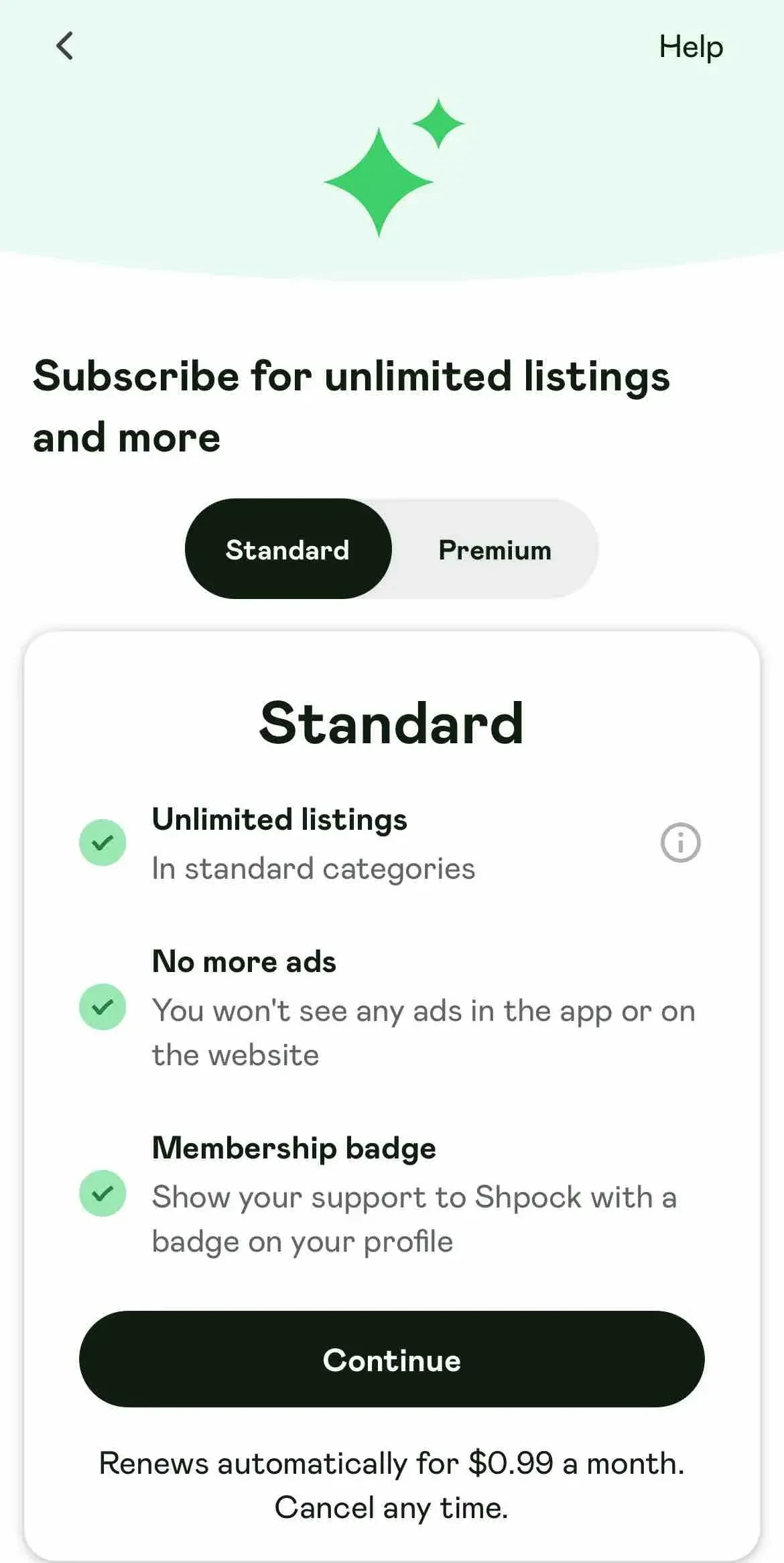Shpock paywall screen