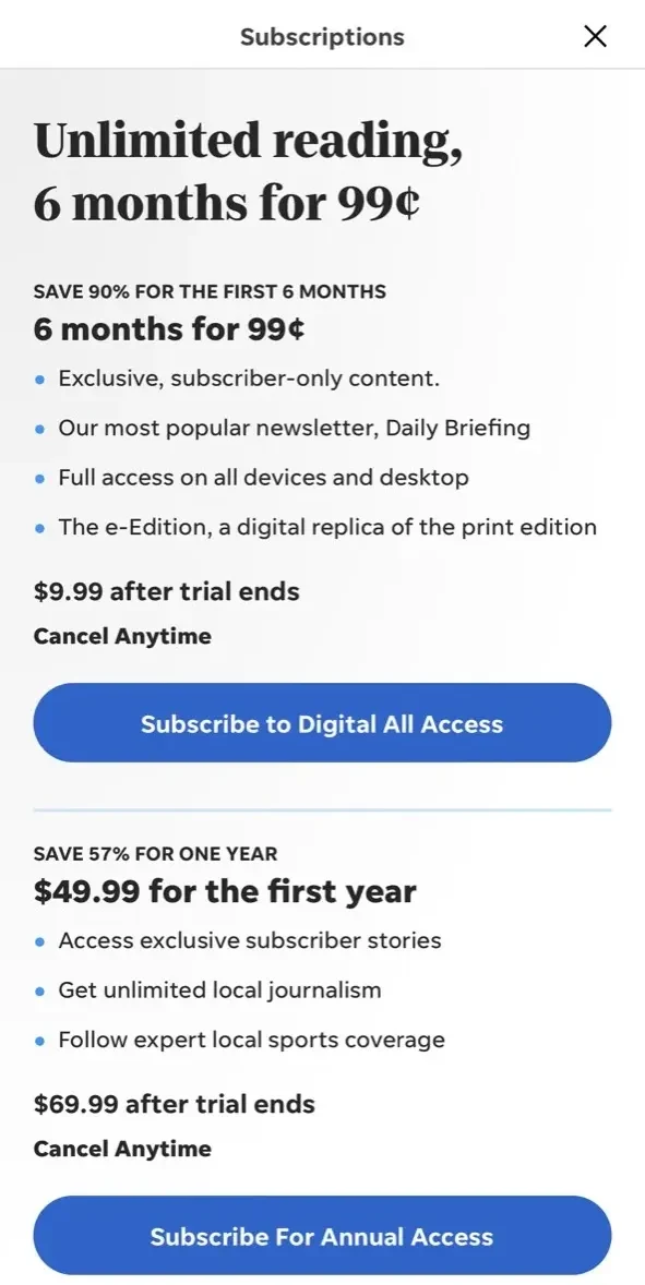 Shreveport Times paywall screen