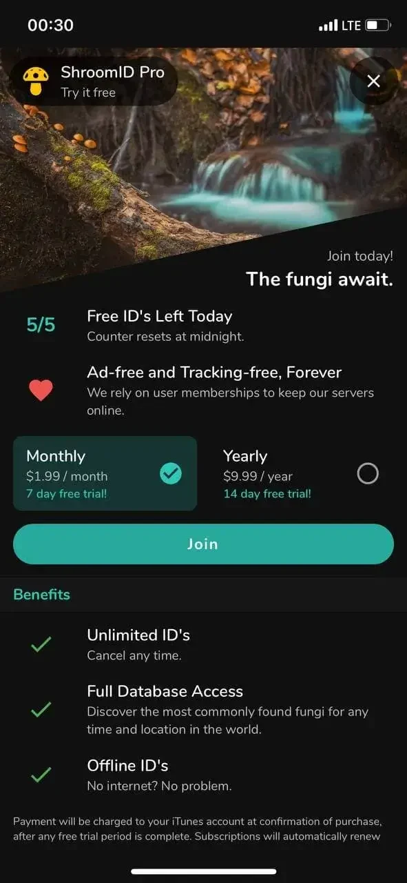 ShroomID paywall screen