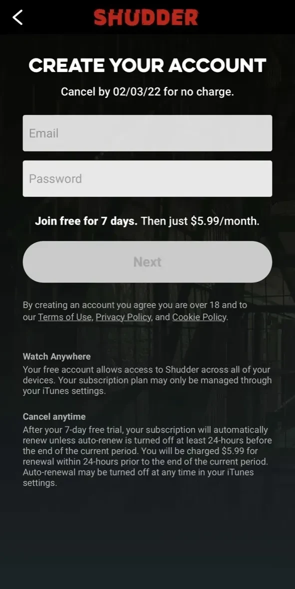 Shudder paywall screen