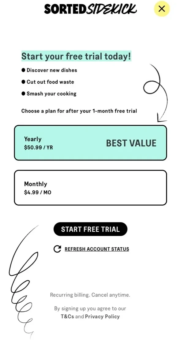 Sidekick paywall screen