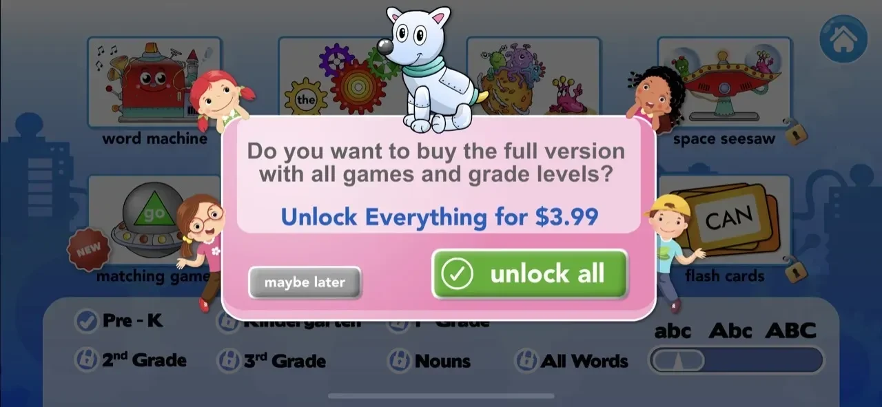 Sight Words Reading Games ABC paywall screen