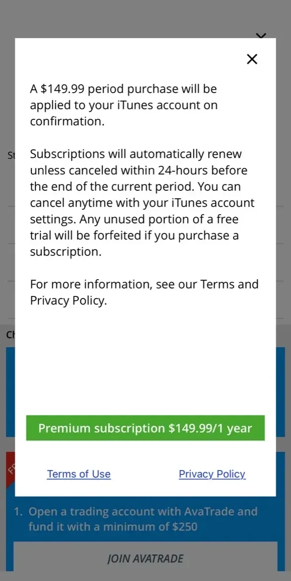 Forex Signals Live paywall screen