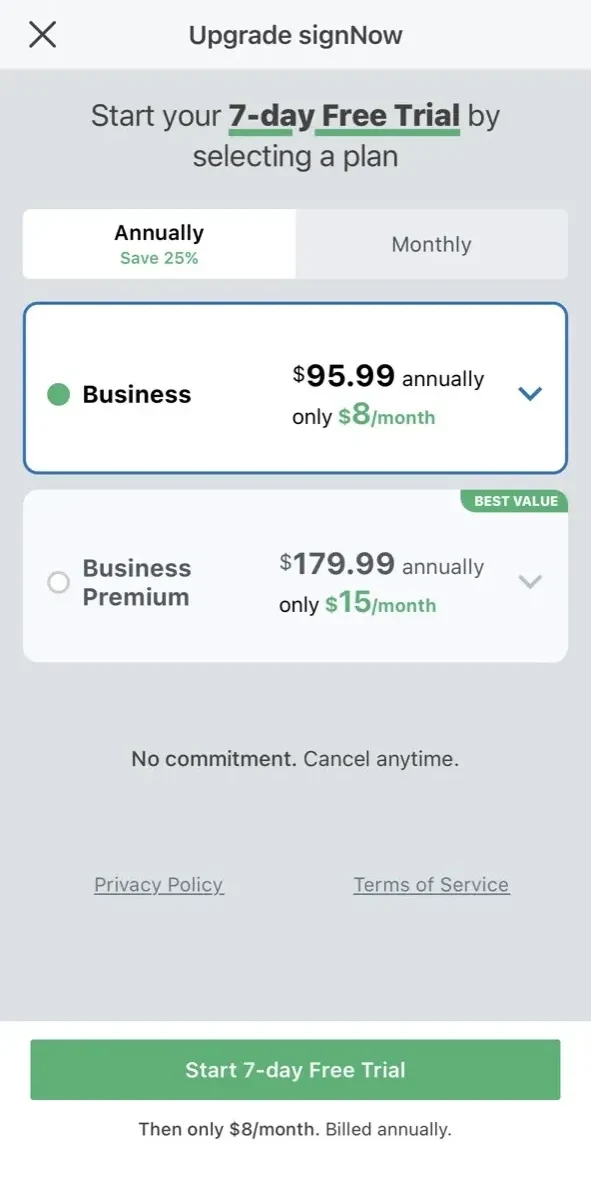 signNow paywall screen