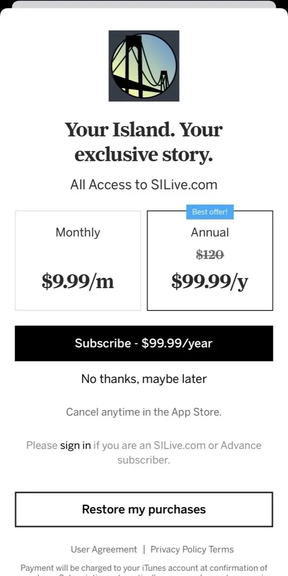 SILive paywall screen