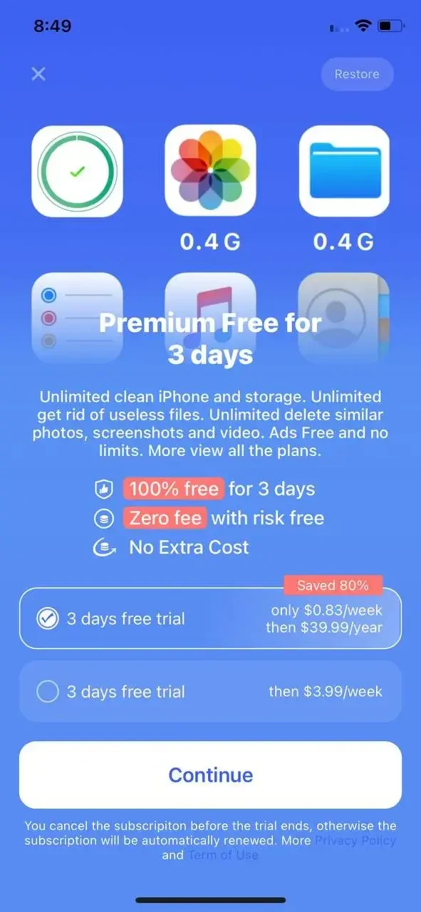 Simple Cleaner paywall screen