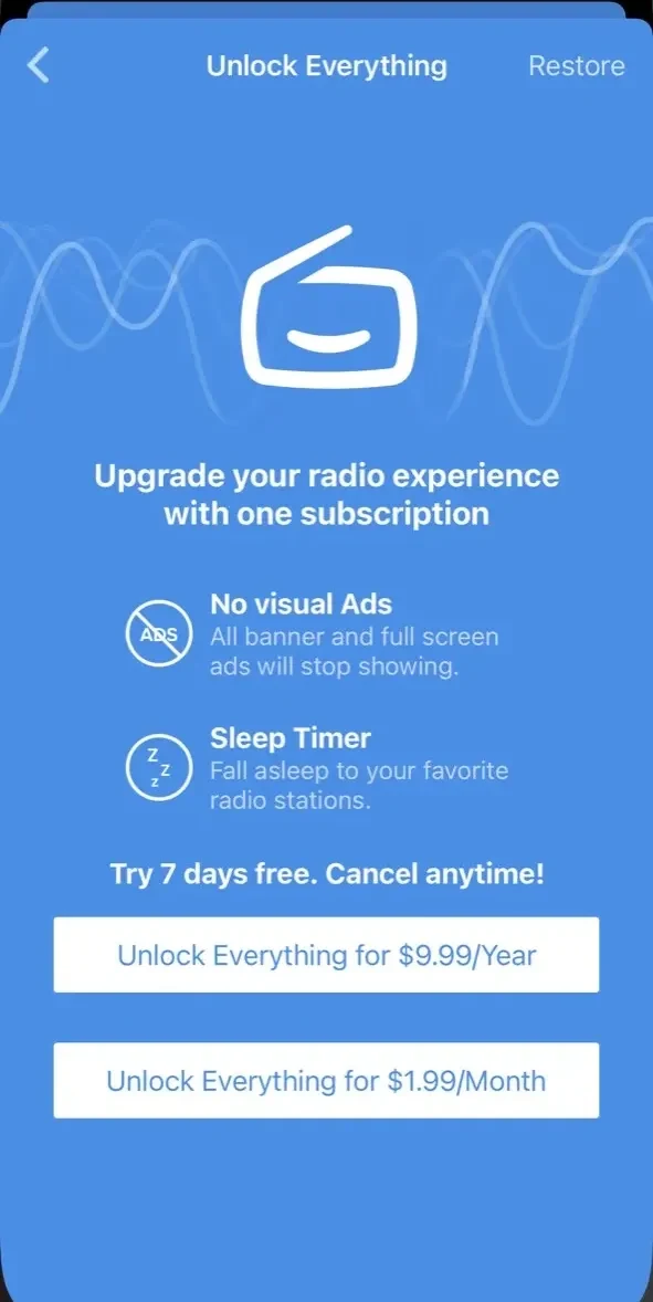 Simple Radio paywall screen