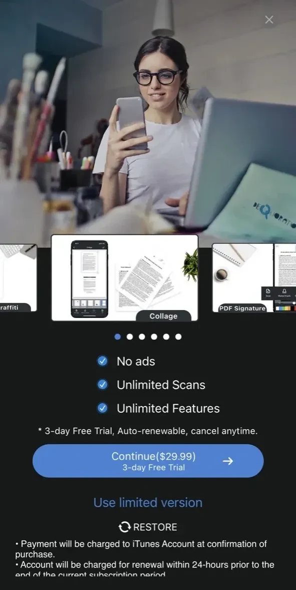 Simple Scanner paywall screen
