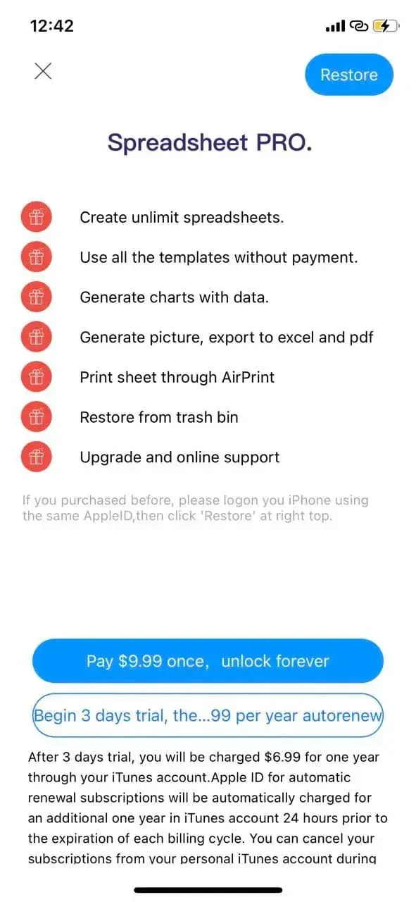 Simple Spreadsheet paywall screen
