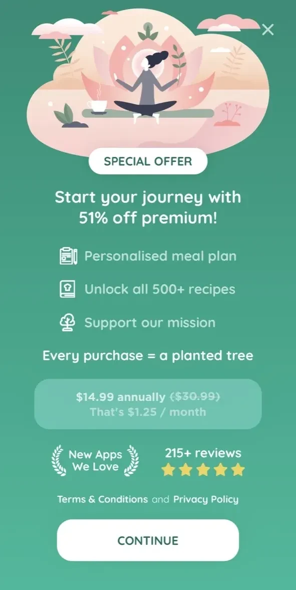 Simple Vegan paywall screen