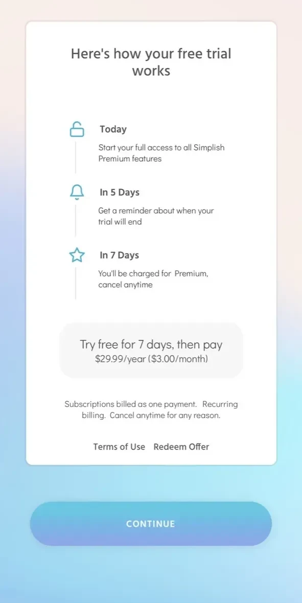 Simplish Planner paywall screen