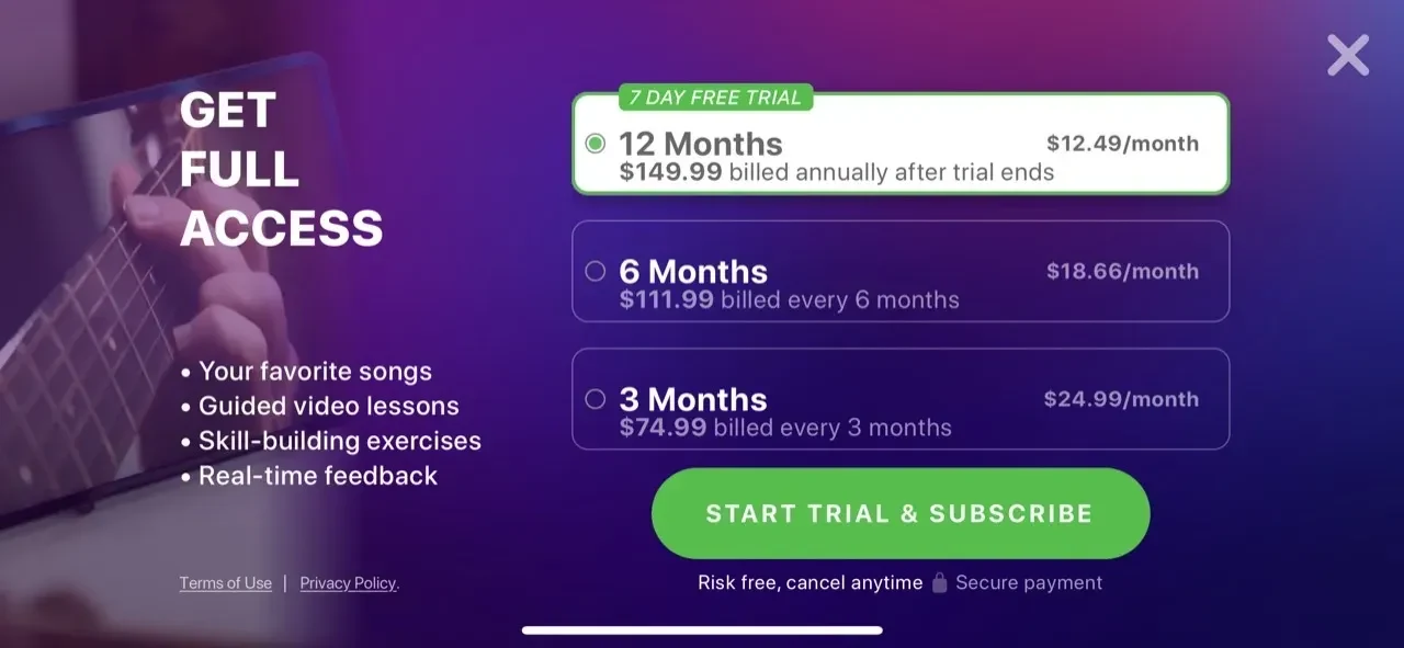 Simply Guitar paywall screen