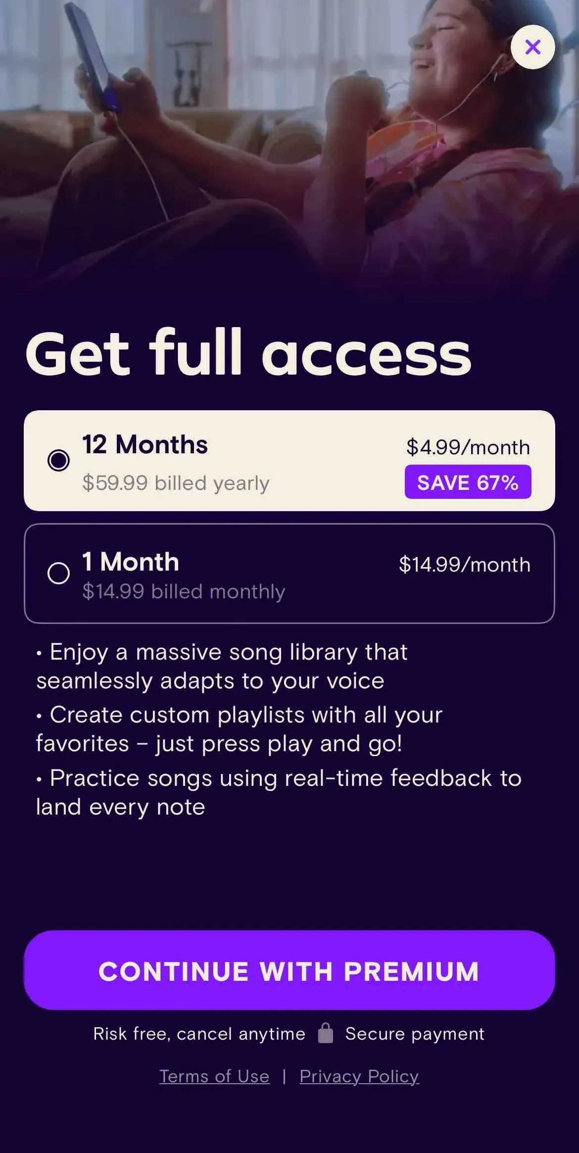 Simply Sing paywall screen