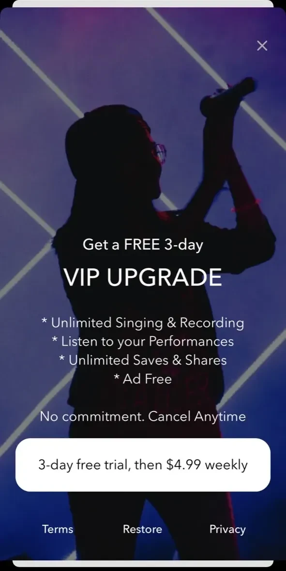 Sing Karaoke paywall screen