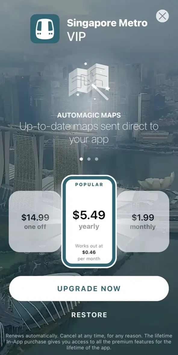 Singapore Metro Map paywall screen