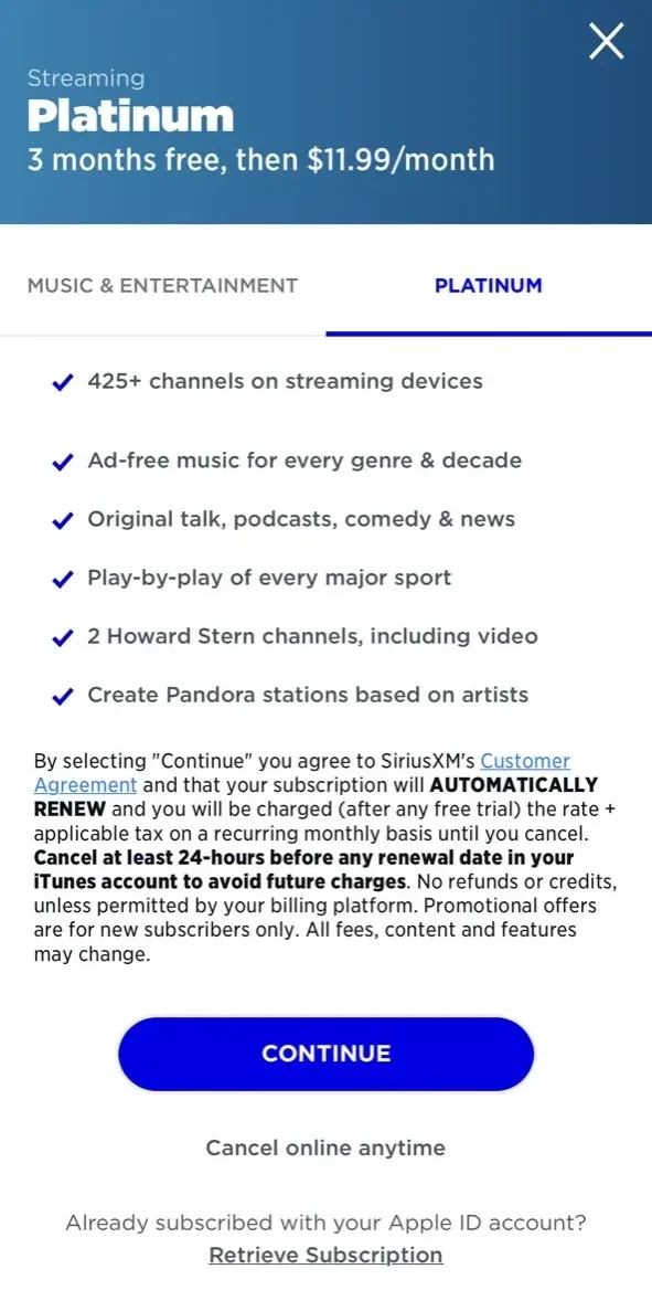 SiriusXM paywall screen