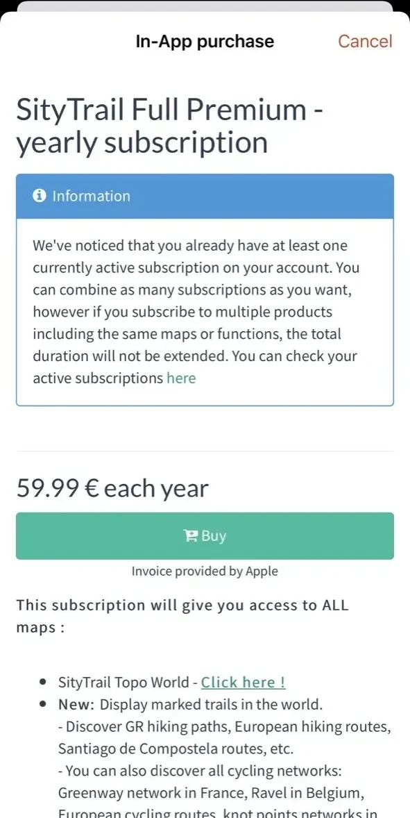SityTrail paywall screen