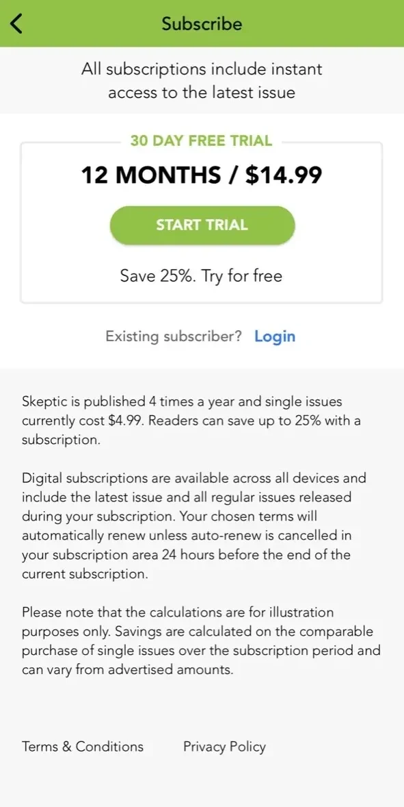 Skeptic Magazine paywall screen
