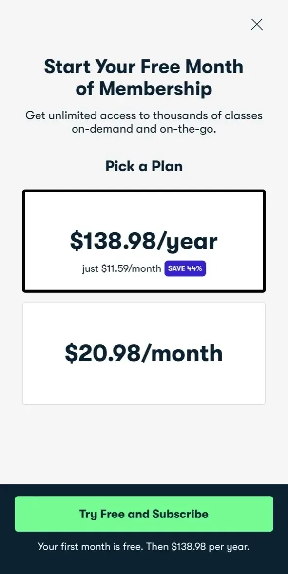 Skillshare paywall screen